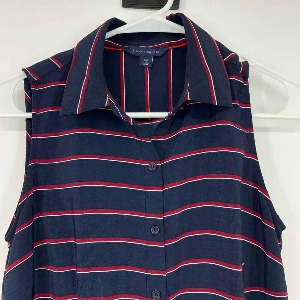 Tommy Hilfiger Shirt Dress Navy Blue Stripe Button Down Sleeveless - Picture 2 of 7